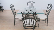 Load and play video in Gallery viewer, Ornate Metal &amp; Glass Dining Set – 5-Piece Square Table with Sculpted Metal Base
