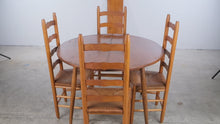 Load and play video in Gallery viewer, Vintage Country Style Round Extension Dining Table with Four Rush Seat Ladder-Back Chairs
