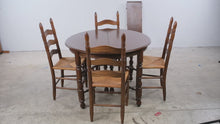 Load and play video in Gallery viewer, Vintage Solid Oak Round Extension Dining Table with Four Rush Seat Ladderback Chairs

