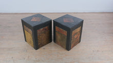 Load and play video in Gallery viewer, Pair Slate Stone Cube Side Tables Black Frame Multi Tone Inlay Top
