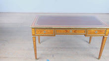 Load and play video in Gallery viewer, Antique French Satinwood Desk with Leather Inlay &amp; Brass Trim
