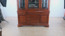 Load and play video in Gallery viewer, Cherry Wood China Cabinet with Glass Doors and Lighted Display Top

