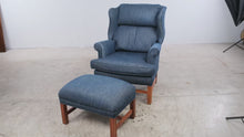 Load and play video in Gallery viewer, Navy Upholstered Wingback Chair with Matching Ottoman and Wood Legs
