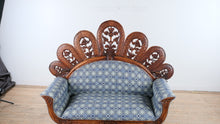 Load and play video in Gallery viewer, Peacock Back Hand Carved Wood Settee Sofa with Floral Crest - Online Only
