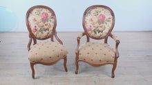 Load and play video in Gallery viewer, French Louis XV Style Upholstered Accent Chairs Pair Floral Back Tufted Seats
