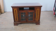 Load and play video in Gallery viewer, Traditional Mahogany Inlaid Entertainment Cabinet with Rope Carved Edge &amp; Glass Doors
