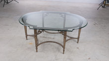 Load and play video in Gallery viewer, Traditional Glass Top Metal Coffee Table with Decorative Scroll Base
