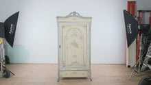 Load and play video in Gallery viewer, Antique Hand Painted Linen Cabinet Floral Armoire Distressed Blue Cream
