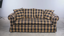 Load and play video in Gallery viewer, Plaid Upholstered Roll Arm Sofa with Down-Filled Pillows
