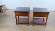 Load and play video in Gallery viewer, Pair of Pier 1 Wooden End Tables with Drawer &amp; Lower Shelf
