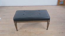 Load and play video in Gallery viewer, Vintage Black Leather Upholstered Bench with Embossed Hotel Crest and Wood Base, Raleigh NC
