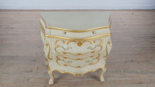 Load and play video in Gallery viewer, Italian Gold-Decorated Three-Drawer Carved Commode with Crackle Finish

