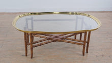 Load and play video in Gallery viewer, Hollywood Regency Faux Bamboo Coffee Table in Walnut and Brass Attributed to Baker Furniture
