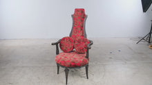 Load and play video in Gallery viewer, Vintage Renaissance Revival Carved High Back Armchair with Geometric Upholstery
