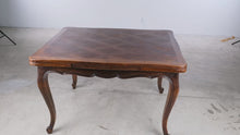 Load and play video in Gallery viewer, Vintage French Country Oak Draw Leaf Dining Table with Parquet Top
