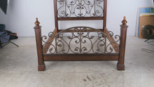 Load and play video in Gallery viewer, Queen Size Wood and Wrought Iron Bed Frame with Scrollwork Headboard and Footboard
