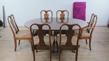 Load and play video in Gallery viewer, Davis Cabinet Company Cherry Dining Table with 6 Queen Anne Chairs and Leaves
