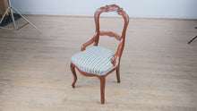 Load and play video in Gallery viewer, Victorian-Style Carved Balloon Back Chair – Leaf &amp; Acorn Detail, Striped Upholstery

