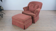 Load and play video in Gallery viewer, Thomasville Swivel Armchair with Matching Ottoman in Red Diamond Upholstery

