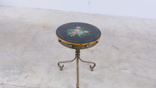 Load and play video in Gallery viewer, Hand Painted Black Metal Round Accent Side Table with Floral Top - Online Only
