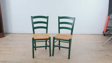 Load and play video in Gallery viewer, Italian Ladder Back Dining Chairs Green Wood Rush Seat Set of 2
