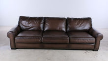 Load and play video in Gallery viewer, Pottery Barn Brown Leather Extra Large Sofa 109 Inch - Online Only
