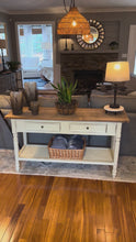 Load and play video in Gallery viewer, Farmhouse Style Console Table with Two Drawers and Shelf 59 Inch
