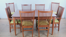 Load and play video in Gallery viewer, Canal Dover Hill House Amish Cherry Dining Set with 8 Leather Chairs, 2 Leaves and Table Pads
