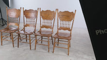 Load and play video in Gallery viewer, Set of 4 Traditional Solid Oak Dining Chairs with Carved Pressback and Barley Twist Posts
