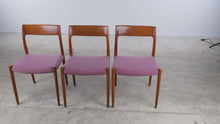 Load and play video in Gallery viewer, Set of 3 Mid Century Modern Teak Dining Chairs with Upholstered Seats
