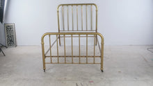 Load and play video in Gallery viewer, Antique Brass Full Size Metal Bed Frame with Spindle Rails and Casters
