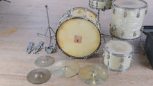 Load and play video in Gallery viewer, Vintage Ludwig Drum Kit – 1950s White Marine Pearl 4-Piece Set w/ Super Swiss Cymbals &amp; Hardware
