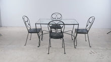 Load and play video in Gallery viewer, Vintage Wrought Iron and Glass Dining Set with Four Chairs
