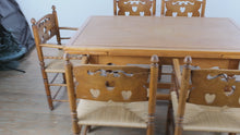 Load and play video in Gallery viewer, Vintage Maple Farmhouse Dining Table with 6 Rush Seat Chairs and Two Leaves

