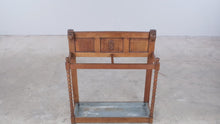 Load and play video in Gallery viewer, Antique Oak Umbrella Stand Carved Faces Barley Twist Zinc Drip Tray Hall Stand
