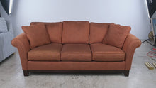 Load and play video in Gallery viewer, La-Z-Boy Burnt Orange Rust Upholstered Sofa – Swirl Pattern &amp; Rolled Arms
