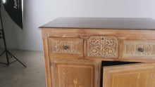 Load and play video in Gallery viewer, Vintage Oak Gentleman's Chest with Carved Panel Doors and Floral Inlay
