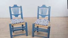 Load and play video in Gallery viewer, Pair Mexican Folk Art Blue Ladderback Chairs with Handwoven Rush Seats
