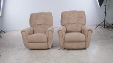 Load and play video in Gallery viewer, Pair of La-Z-Boy Swivel Rocker Recliners in Tan Upholstery
