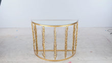 Load and play video in Gallery viewer, Laurel Demi-Lune Gilt Metal Wheat Sheaf Console Table with Glass Top
