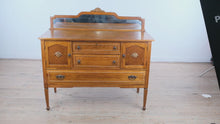 Load and play video in Gallery viewer, Antique Oak Sideboard Buffet with Mirror Backsplash and Beaded Trim
