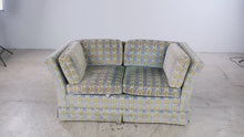 Load and play video in Gallery viewer, Vintage 1970 Thomasville Velvet Sofa in Blue and Olive Patterned Velour
