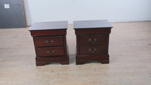 Load and play video in Gallery viewer, Pair of Ashley Furniture Janel Nightstands in Dark Wood Finish with Two Drawers

