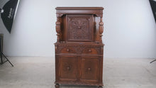 Load and play video in Gallery viewer, Antique 1920s Jacobean Revival Carved Wood Cabinet with Turned Columns

