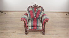 Load and play video in Gallery viewer, Mahogany Barley Twist Arm Chair with Newer Striped Upholstery
