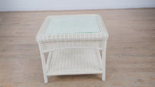 Load and play video in Gallery viewer, White Wicker Side Table with Glass Top &amp; Lower Shelf
