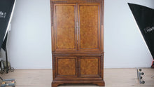 Load and play video in Gallery viewer, Traditional Burl Wood Two-Piece Cabinet with Carved Detailing &amp; Interior Drawers
