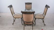 Load and play video in Gallery viewer, Ashley Furniture Ornate Glass Top Dining Table and Four Chair Set
