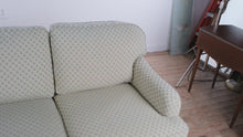 Load and play video in Gallery viewer, Pearson Custom Upholstery Three Cushion Sofa in Pale Green Diamond Pattern Fabric
