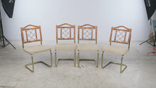 Load and play video in Gallery viewer, Set of 4 Vintage 1970s Rattan and Brass Cantilever Dining Chairs | Palm Beach Regency
